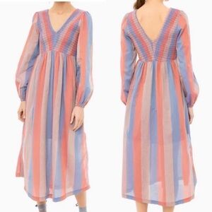 Warm Joanna Striped Smocked Long Sleeve Midi Dress